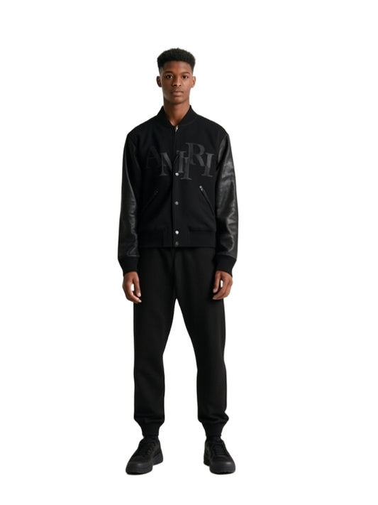 Varsity jacket cotton and leather triple black