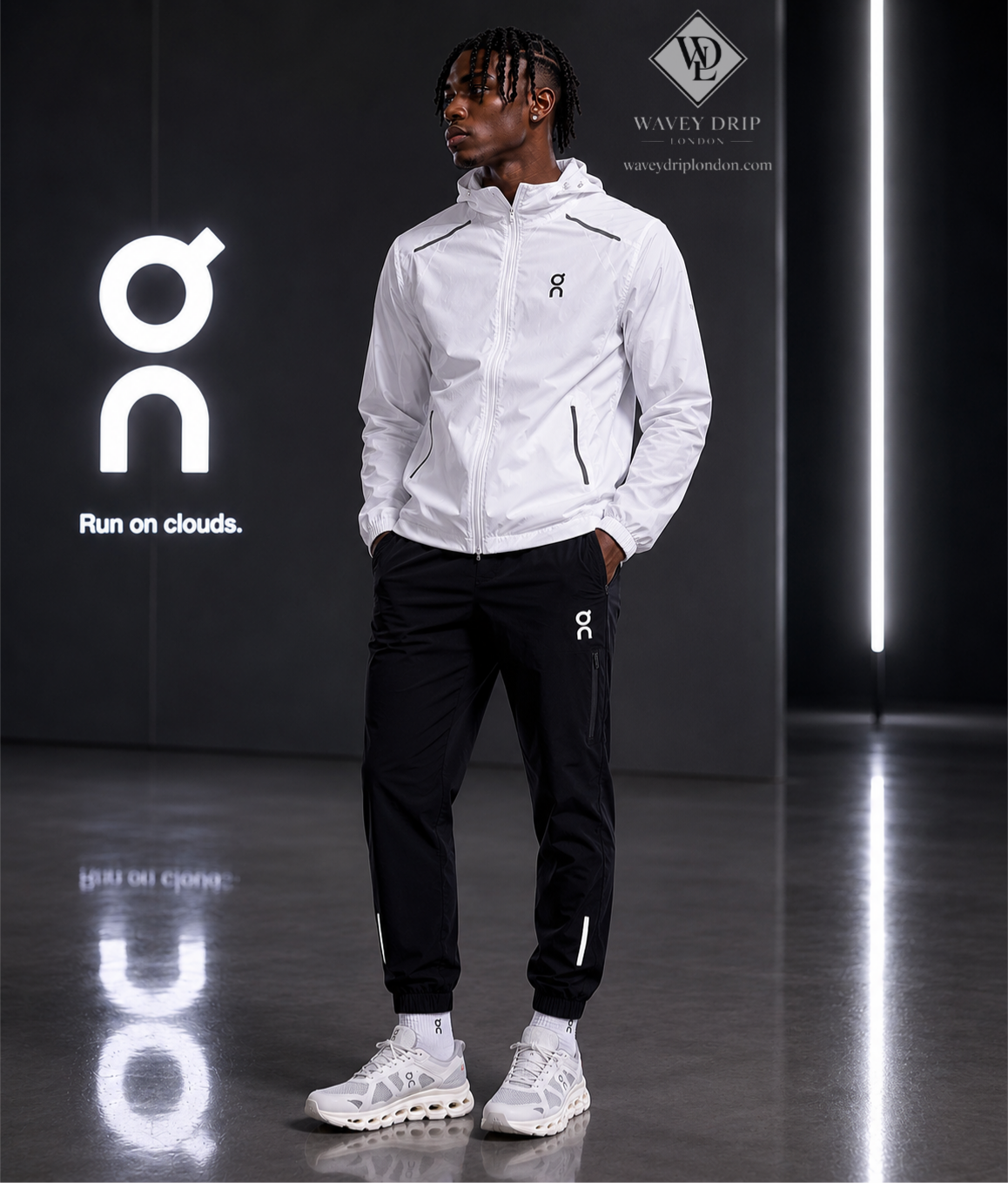 On Cloud Hooded Reflective Performance Tracksuit – White / Black Edition