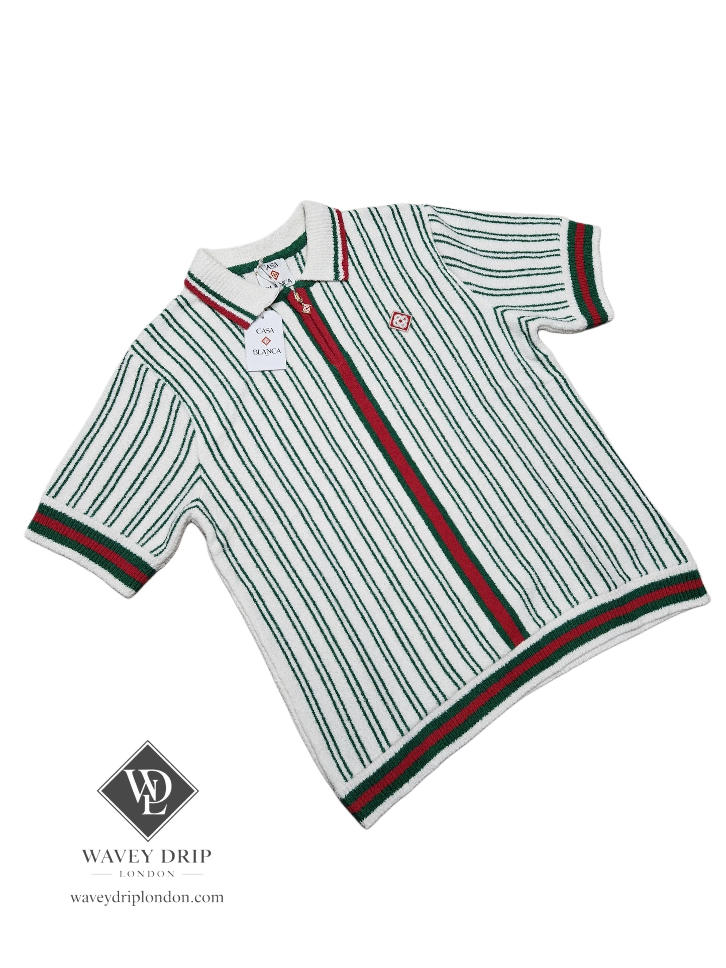 Casablanca Striped Crochet Polo – Ivory/Green