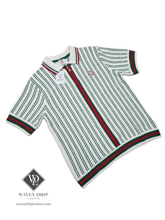 Casablanca Striped Crochet Polo – Ivory/Green