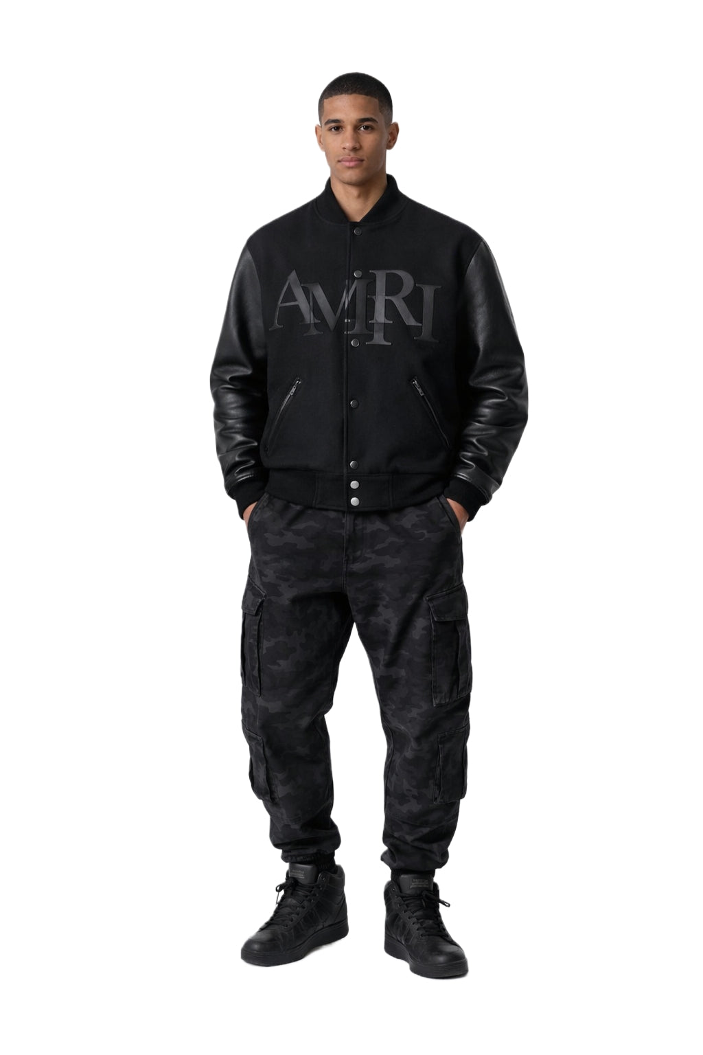 Varsity jacket cotton and leather triple black