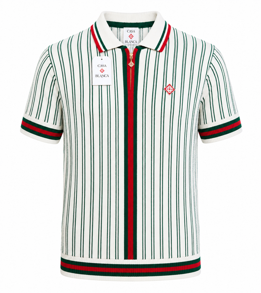 Casablanca Striped Crochet Polo – Ivory/Green