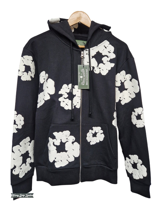 Denim Tears Floral Zip Hoodie – Black & Ivory Statement Piece